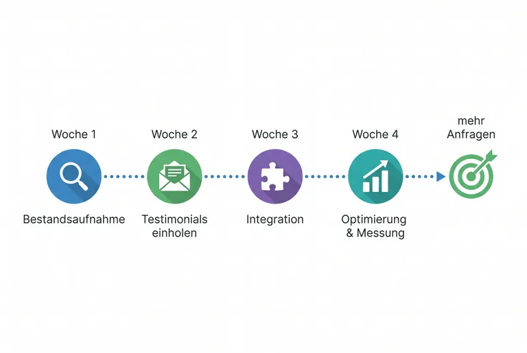 30-Tage-Roadmap für Social Proof: Woche 1 Bestandsaufnahme, Woche 2 Testimonials einholen, Woche 3 Integration, Woche 4 Optimierung & Messung – mit dem Ziel mehr Anfragen.