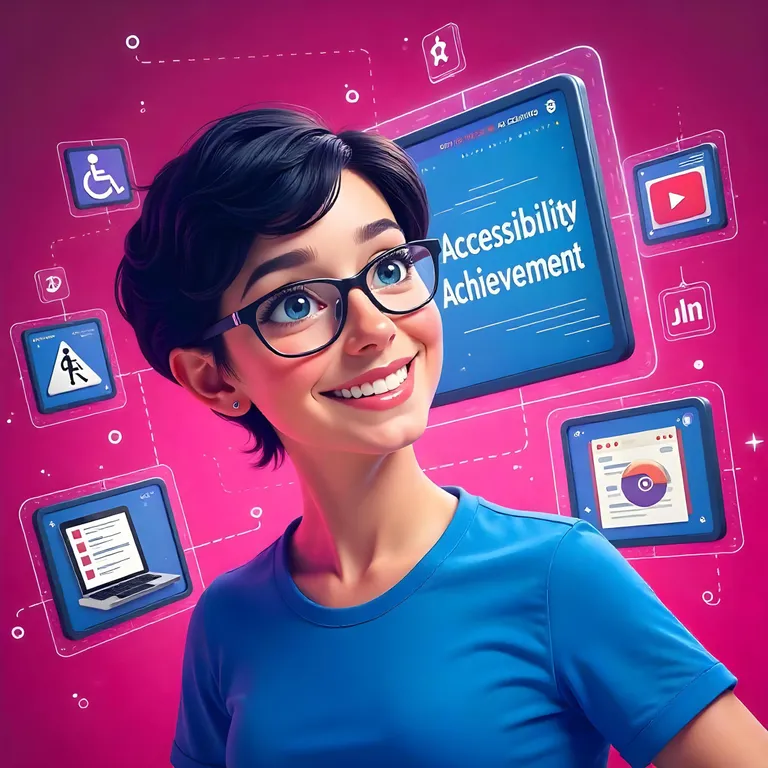 Illustration einer Person vor Zugänglichkeits-Symbolen und Bildschirm.