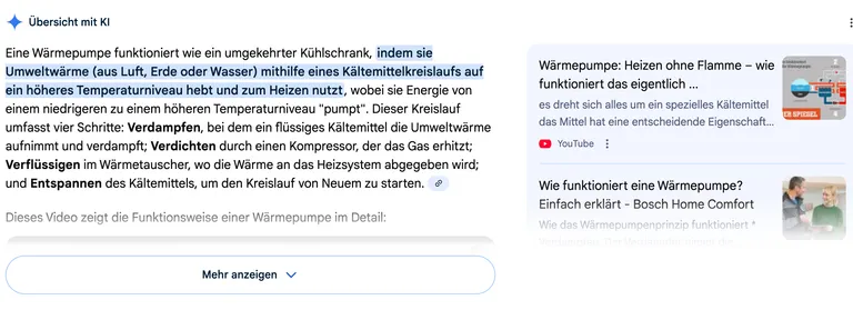 Google AI Overview Beispiel: KI-generierte Zusammenfassung zur Frage wie funktioniert eine Wärmepumpe