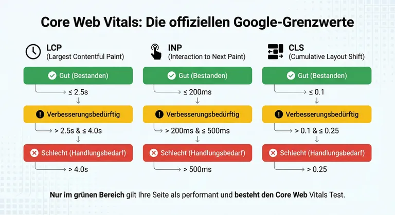 Ampel-Grafik: Core Web Vitals Grenzwerte für LCP, INP und CLS mit grün (gut), gelb (verbesserungsbedürftig) und rot (schlecht)