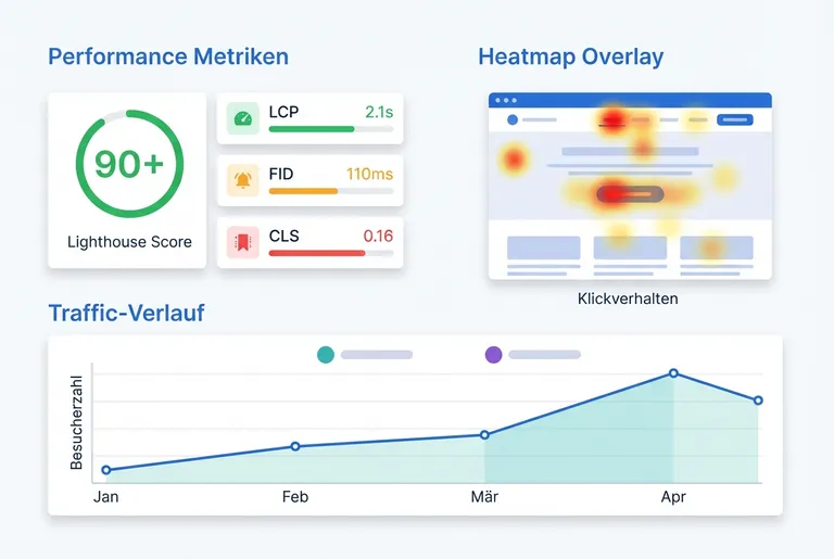 Analytics-Dashboard mit Lighthouse-Score, Core Web Vitals und Heatmap-Overlay