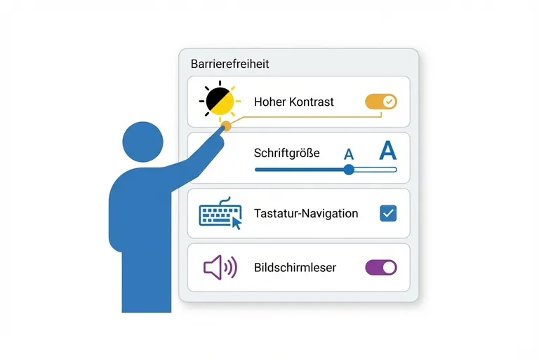 Infografik: Barrierefreiheits-Einstellungen – Hoher Kontrast, Schriftgröße, Tastatur-Navigation, Bildschirmleser