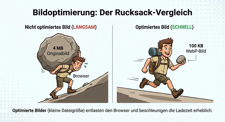 Vergleich: Wanderer mit übervollem Rucksack vs. leichtem Gepäck – Metapher für nicht optimierte vs. optimierte Bilder