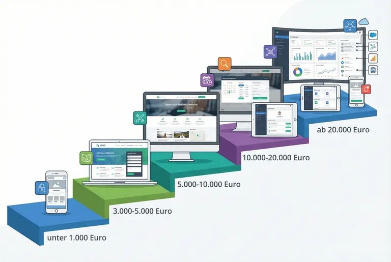 Stufendiagramm mit fünf Preisklassen für Websites: von unter 1.000 Euro für einfache Baukasten-Seiten bis über 20.000 Euro für komplexe Web-Applikationen mit Dashboards
