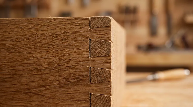 Detailaufnahme einer präzisen Schwalbenschwanz-Holzverbindung aus Eichenholz – handwerkliche Präzision in Nahaufnahme