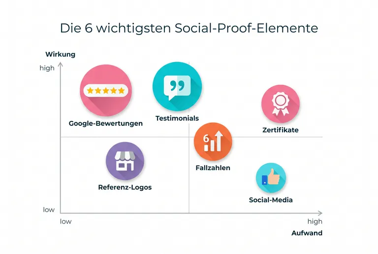Aufwand-Wirkung-Matrix der 6 wichtigsten Social-Proof-Elemente: Google-Bewertungen, Testimonials und Referenz-Logos haben die höchste Wirkung bei geringstem Aufwand.