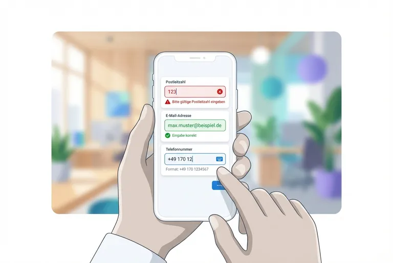Smartphone mit digitalem Formular: Echtzeit-Validierung zeigt Fehler bei Postleitzahl und bestätigt korrekte E-Mail-Adresse