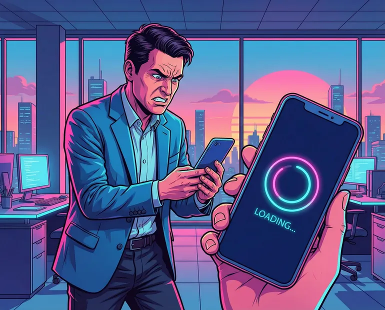 Frustrierter Geschäftsmann blickt auf Smartphone mit Ladebalken – langsame Website-Performance