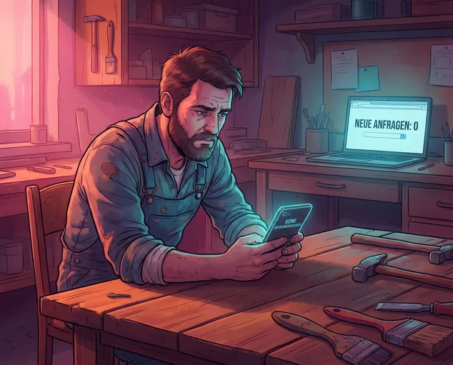 Handwerker sitzt am Tisch, schaut auf sein Smartphone — im Hintergrund unscharf sein Laptop mit geöffneter Website ohne neue Anfragen