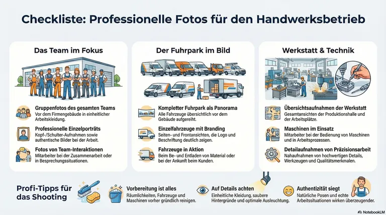 Infografik: Checkliste für professionelle Fotos im Handwerksbetrieb – Team, Fuhrpark, Werkstatt und Profi-Tipps