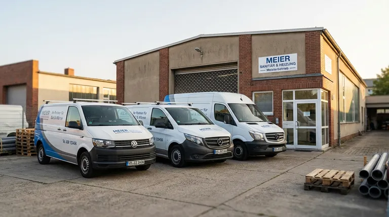 Drei professionell beschriftete Handwerker-Transporter eines SHK-Betriebs, diagonal aufgestellt vor der Firmenwerkstatt mit Rolltor und Heizungsrohren