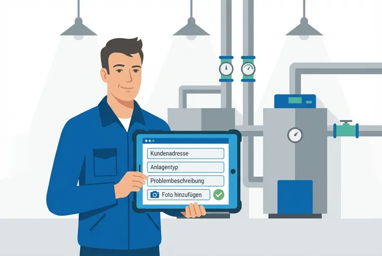 Handwerker mit Tablet vor Heizungsanlage: Digitales Auftragsformular mit Feldern für Kundenadresse, Anlagentyp und Foto-Upload