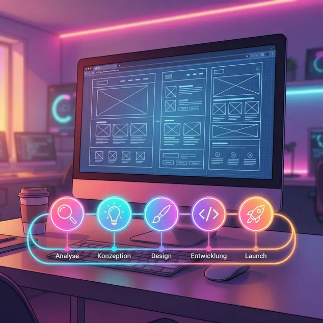 Timeline einer Website-Modernisierung mit 5 Phasen: Analyse, Konzeption, Design, Entwicklung und Launch