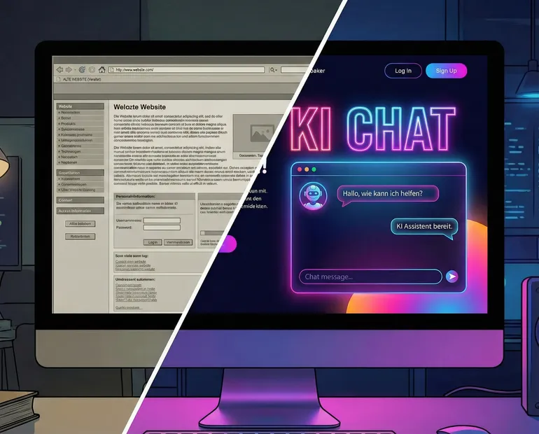 Split-Screen Vergleich alte Website vs. moderne Website mit KI-Chat - Illustration im Neon-Stil