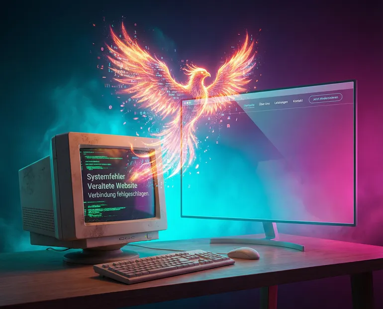 Ein leuchtender Phönix steigt aus einem alten CRT-Monitor empor und transformiert sich in eine moderne Website