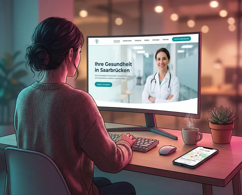 Split-Screen: Smartphone mit Google-Suchergebnis für Hausarzt links, moderne Praxis-Website mit Termin-buchen-Button rechts
