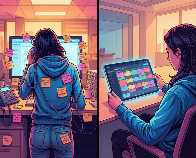 Split-Screen Illustration: Links gestresste Büroarbeit mit Telefon und Post-Its, rechts entspanntes Arbeiten mit digitalem Buchungskalender