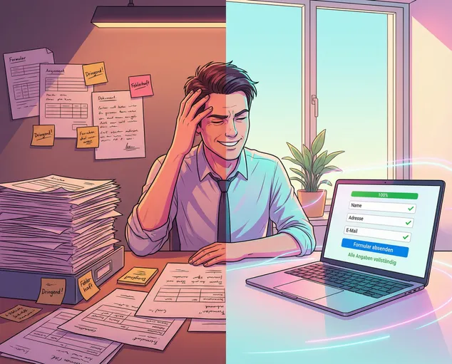 Split-Screen-Vergleich: Links frustrierter Mitarbeiter mit Papierstapeln, rechts modernes digitales Formular mit Neon-Akzenten