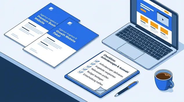 Schreibtisch mit zwei Agentur-Angeboten und Checkliste