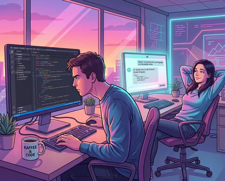 Zwei Softwareentwickler arbeiten in einem modernen neonbeleuchteten Büro: links prüft ein Mann Code in einem Editor, rechts arbeitet eine Frau mit einer KI-Chat-Oberfläche.