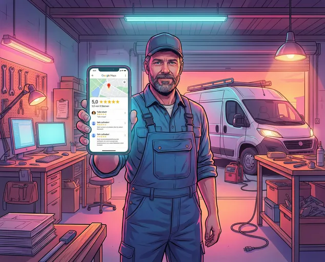 Handwerker in Werkstatt zeigt Smartphone mit Google 5-Sterne-Bewertungen