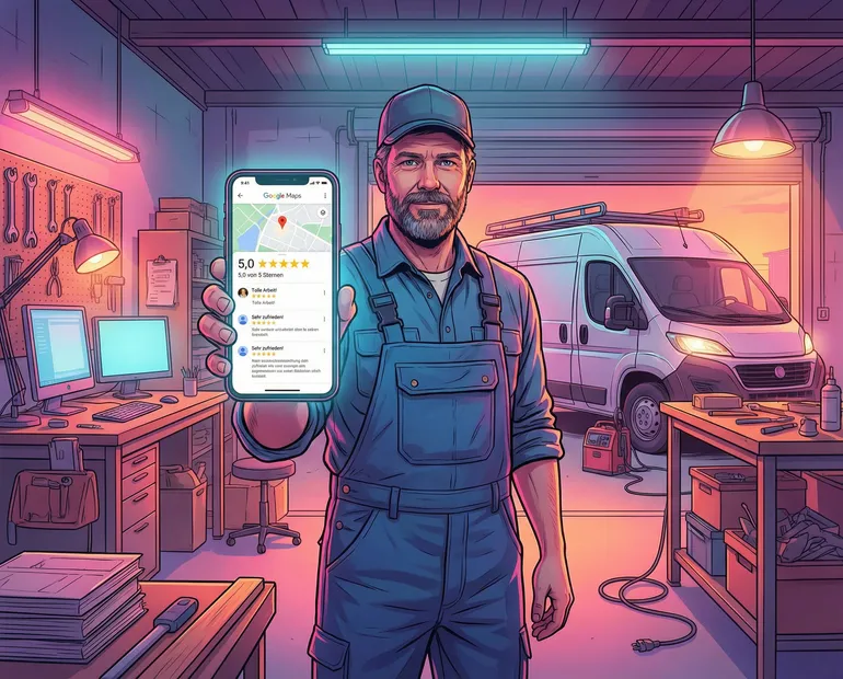 Handwerker in Werkstatt zeigt Smartphone mit Google 5-Sterne-Bewertungen
