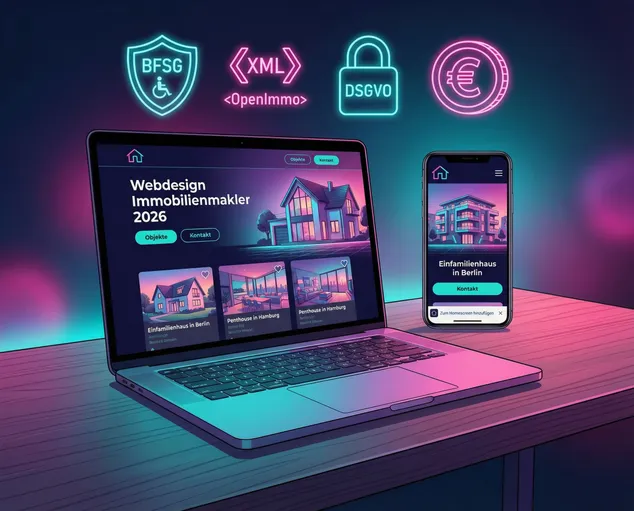 Immobilienmakler arbeitet am Laptop an seiner professionellen Website — moderne Makler-Website mit Objektliste und Kontaktformular