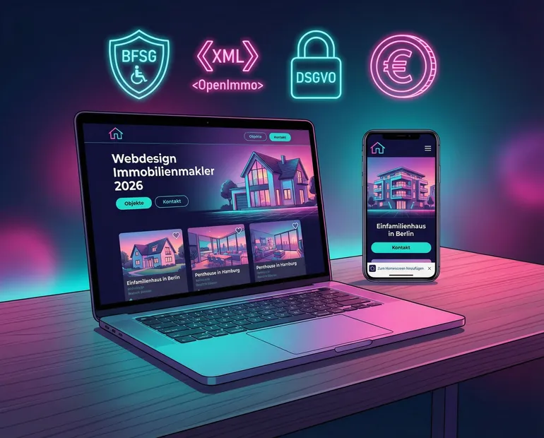 Immobilienmakler arbeitet am Laptop an seiner professionellen Website — moderne Makler-Website mit Objektliste und Kontaktformular