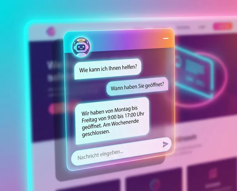 Monitor zeigt eine Business-Website mit geöffnetem KI-Chatbot-Widget, das fragt: Wie kann ich Ihnen helfen?