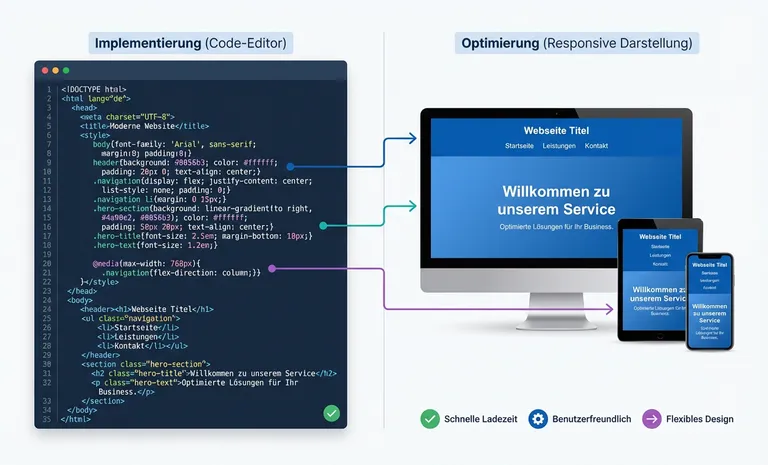 Split-Screen: Code-Editor mit HTML/CSS und responsive Website-Darstellung auf Desktop, Tablet und Smartphone