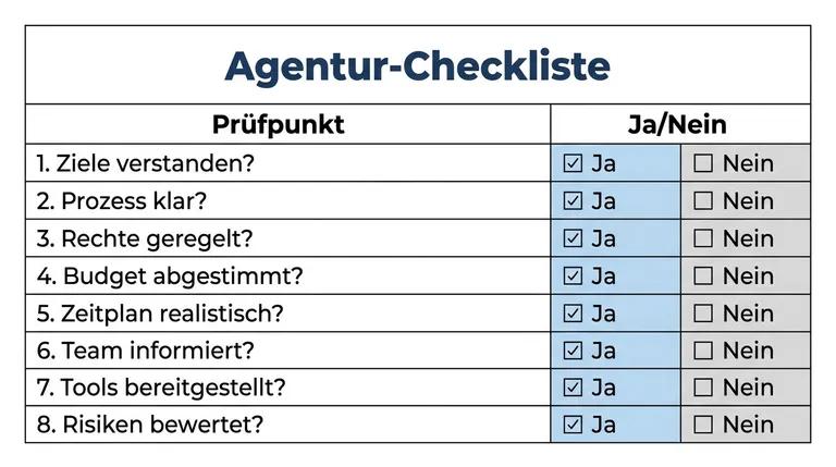 Checkliste mit acht Prüfpunkten zur Agenturwahl