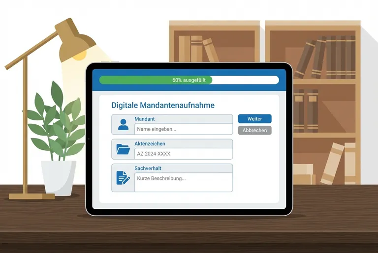 Tablet mit digitaler Mandantenaufnahme in einer Kanzlei: Formular mit Feldern für Mandant, Aktenzeichen und Sachverhalt