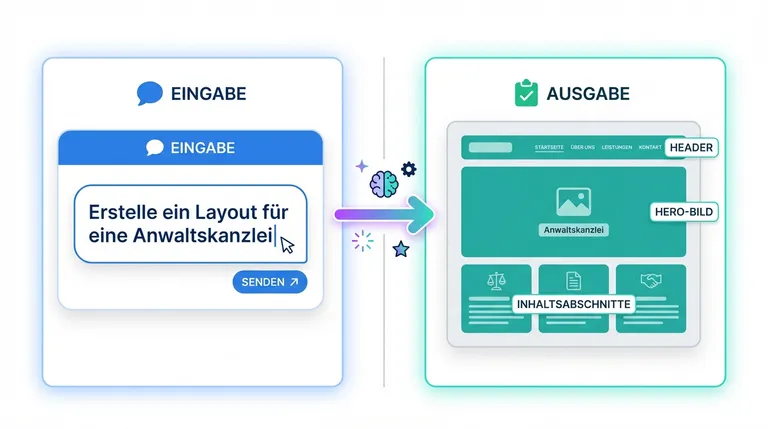 Infografik: KI-gestütztes Design – von der Texteingabe zum fertigen Website-Layout