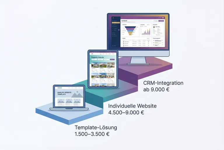 Drei Preisstufen für Makler-Websites: Template-Lösung ab 1.500 Euro, individuelle Website ab 4.500 Euro, CRM-Integration ab 9.000 Euro — dargestellt als aufsteigende Stufen mit steigender Gerätequalität