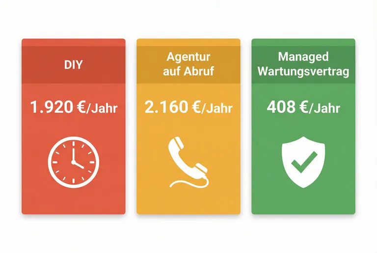Kostenvergleich WordPress-Wartung: DIY kostet 1.920 €/Jahr, Agentur auf Abruf 2.160 €/Jahr, Managed Wartungsvertrag ab 408 €/Jahr