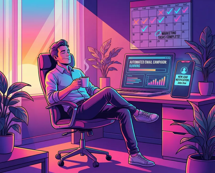 Unternehmer entspannt beim Kaffee während automatisierte Prozesse im Hintergrund laufen