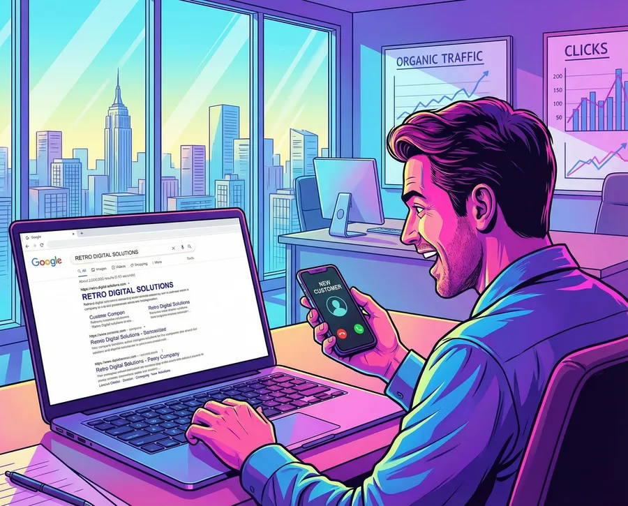 Unternehmer freut sich über Top-Platzierung in Google-Suchergebnissen