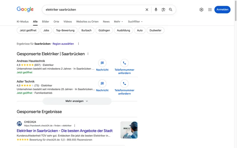 Google Suchergebnisse für 'elektriker saarbrücken' ohne AI Overview – klassische lokale Suchergebnisse mit Maps und Unternehmenslisten