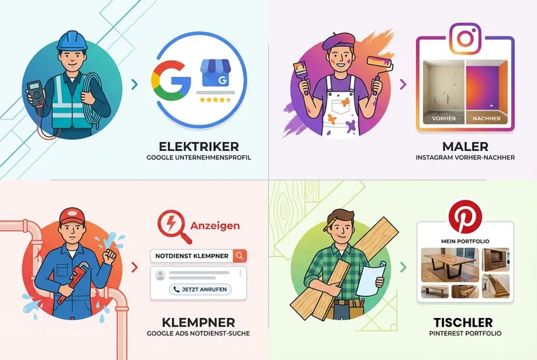 Marketing-Kanäle nach Gewerk: Elektriker mit Google Business, Maler mit Instagram, Klempner mit Google Ads, Zimmerer mit Pinterest