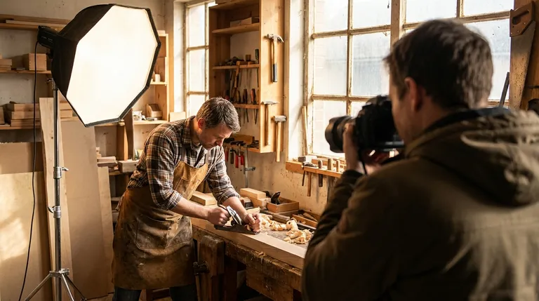 Fotograf fotografiert Tischler bei der Arbeit an der Werkbank – Behind-the-Scenes eines professionellen Handwerker-Fotoshootings mit Softbox-Beleuchtung