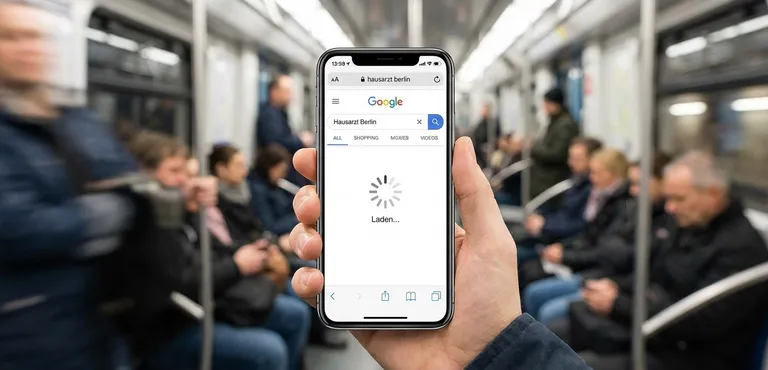 Smartphone-Mockup zeigt langsam ladende Website bei schlechtem Mobilfunk-Empfang