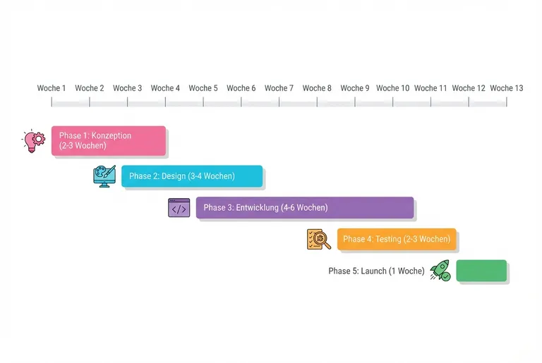 Gantt-Chart mit 5 Projektphasen: Konzeption, Design, Entwicklung, Testing und Launch