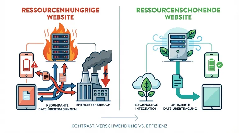 Infografik: Vergleich unoptimierte vs. optimierte Website – Ressourcenverbrauch und Ladezeit