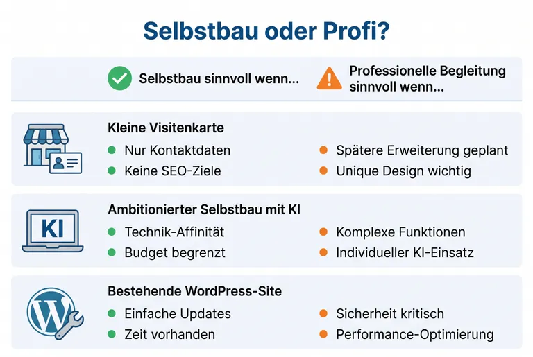 Infografik: Entscheidungsmatrix „Selbstbau oder Profi?" für drei Website-Typen — kleine Visitenkarte, ambitionierter KI-Selbstbau, bestehende WordPress-Site — mit Kriterien, wann Selbstbau reicht und wann professionelle Begleitung sinnvoll ist.