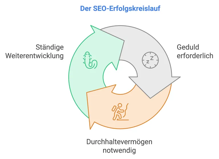 SEO Erfolgskreislauf: Ständige Weiterentwicklung, Geduld, Durchhaltevermögen