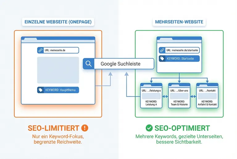 SEO-Vergleich: Onepage Website mit einer URL vs. Mehrseiten-Website mit mehreren URLs und Keywords