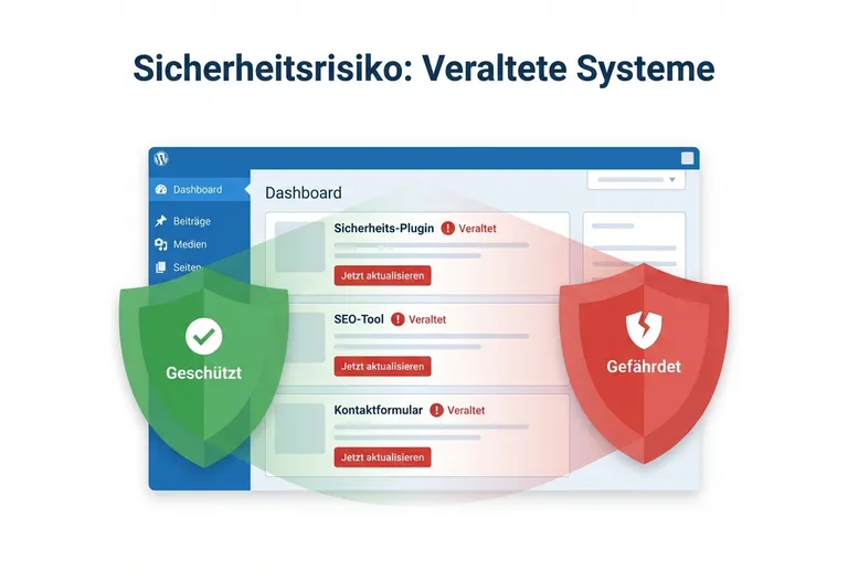 WordPress-Dashboard mit veralteten Plugins: Sicherheitsrisiko durch fehlende Updates visualisiert