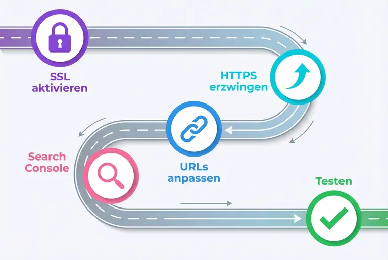SSL-Einrichtung in 5 Schritten: SSL aktivieren, HTTPS erzwingen, URLs anpassen, Search Console aktualisieren, Testen