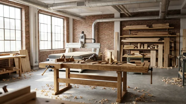 Professionelle Tischlerwerkstatt mit CNC-Fräsmaschine, Hobelbank und Handwerkzeugen – aufgeräumt und gut ausgeleuchtet