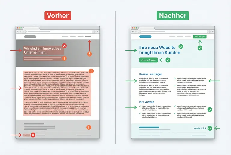 Vorher/Nachher-Vergleich: Links eine Website mit typischen Textfehlern, rechts dieselbe Seite mit überzeugenden, kundenorientierten Texten